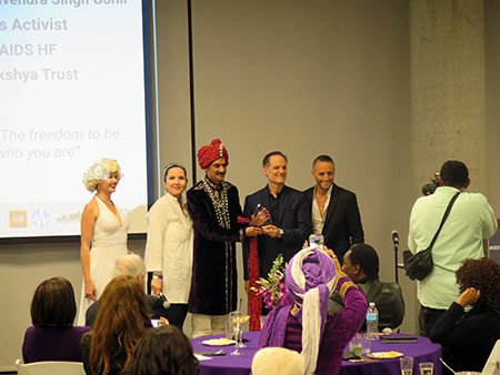 Marilyn Monroe impersonator, AIDS Healthcare Foundation's Chief of Global Advocacy and Policy Terri Ford, Prince Manvendra Singh Gohil, AIDS Healthcare Foundation's President and Founder Michael Weinstein, and Impulse Group's Jose Ramos