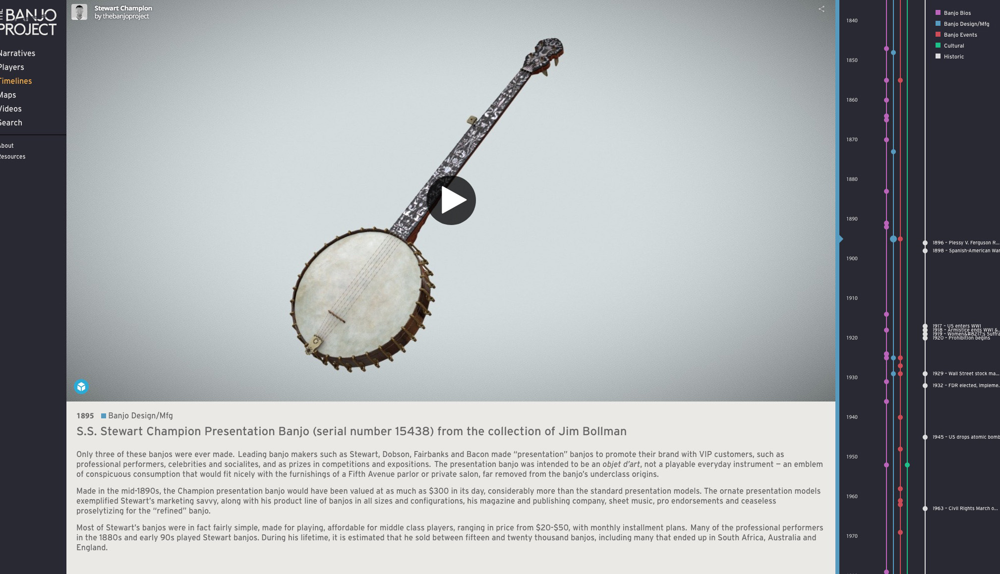 A screenshot from The Banjo Project showing an image of an antique banjo