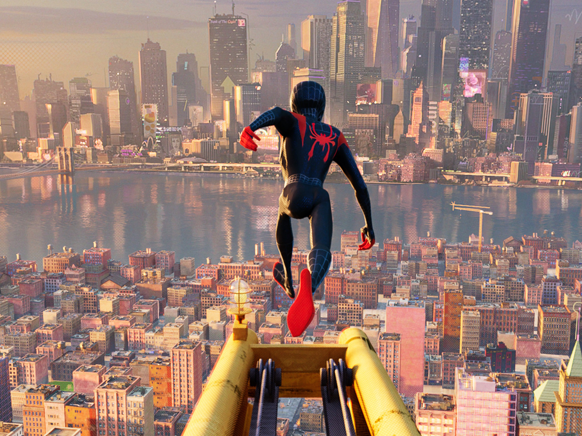 spiderman jumping over buildings