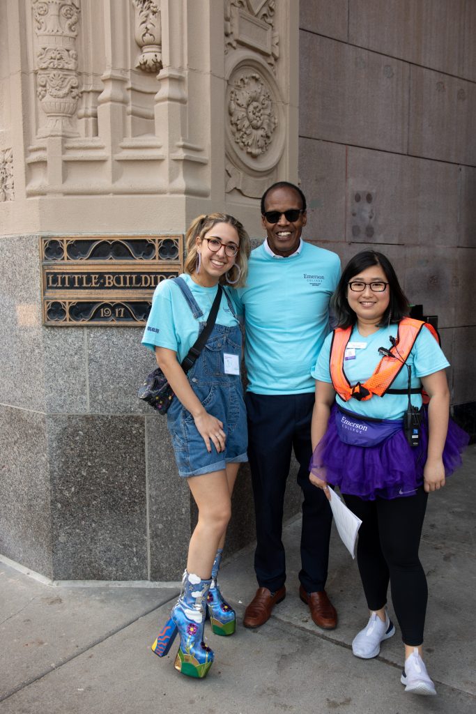 Two students with President Lee Pelton