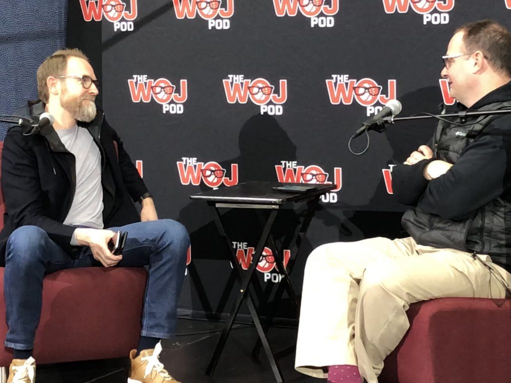 Oklahoma City Thunder General Manager Sam Presti is interviewed by ESPN's Adrian Wojnarowski on December 5, 2019.