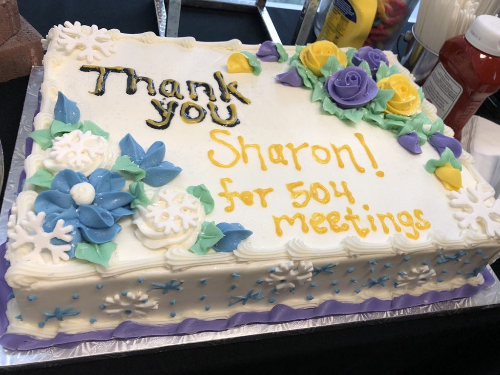The cake presented to Sharon Duffy congratulating her on advising SGA for 19 years.