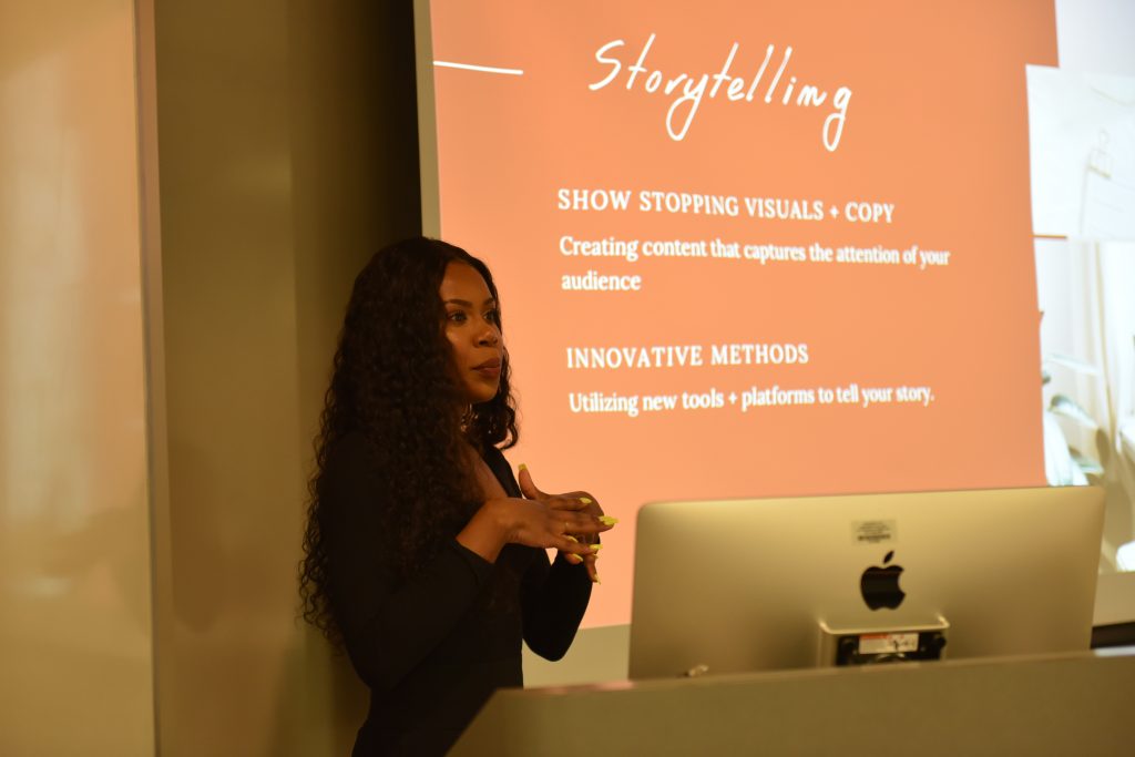 Alumna Dheandra Jack MA ’17, among other Marketing Communication alumni, returned to campus last semester to share their career journeys with current Strategic Marketing Communication graduate students. [Photo/Molly Loughman]