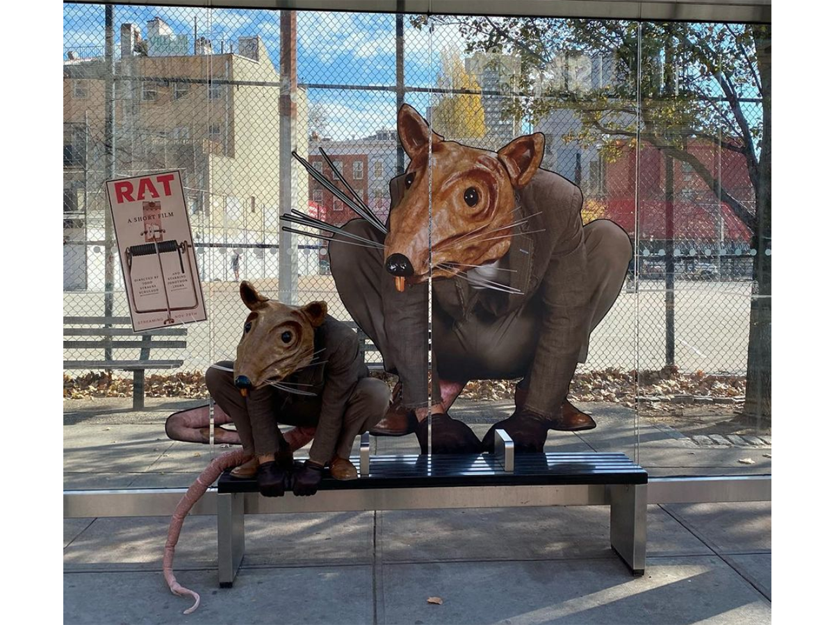 A man dressed up as a rat sits at a bus stop with a drawing of the rate behind him on the glass