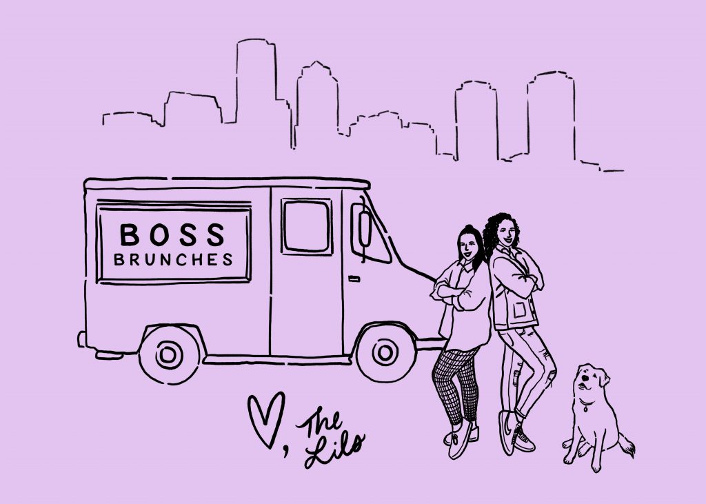 Boss Brunches logo: drawing of founders and dog in front of food cart over lilac background