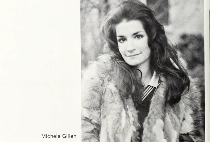 black and white portrait of Michele Gillen in fur coat