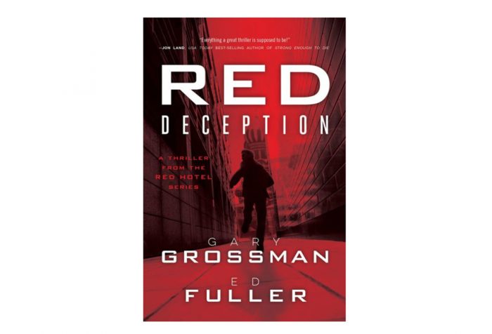 Red Deception book jacket featuring man running between two high walls