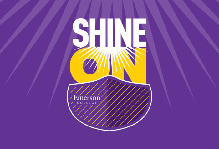 graphic of purple face mask with words "Shine On" above in white and yellow. On purple background