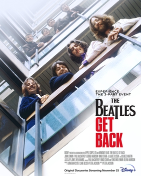 movie poster showing Beatles looking over balcony