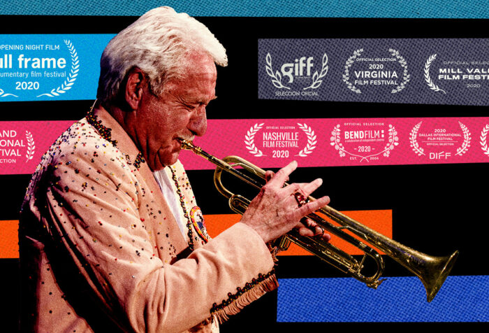 movie poster featuring Severinsen playing trumpet in front of colored lines