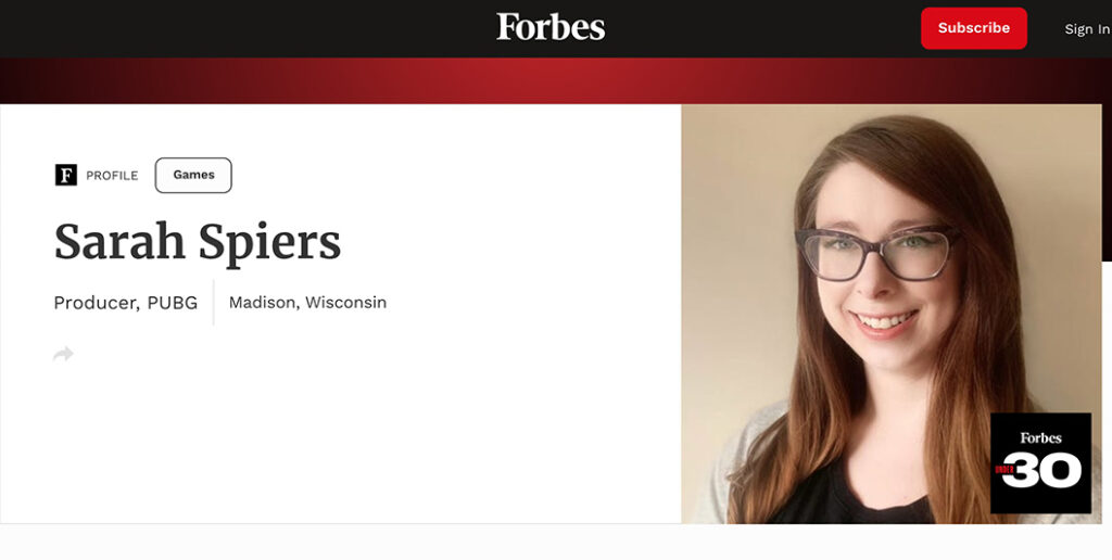 screenshot of page from Forbes list showing Sarah Spiers