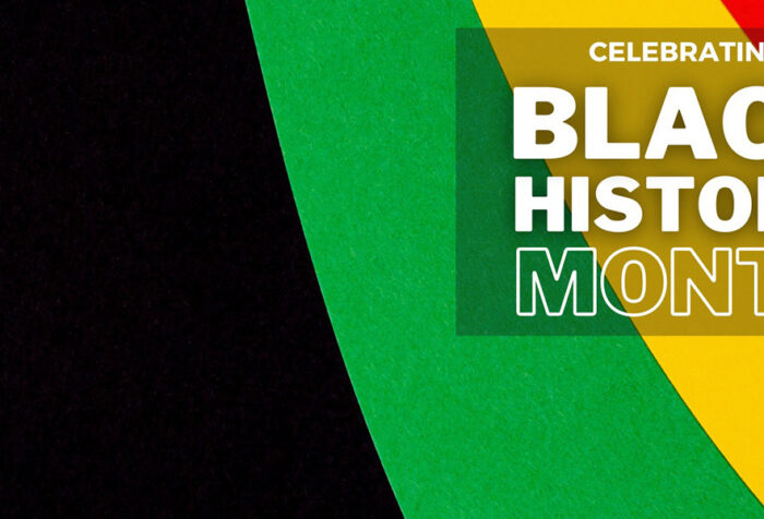 Black History Month in block letters over black, green, yellow, red color panels