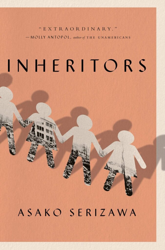 Inheritors book cover. Paper dolls made from photograph of wartime rubble over salmon background