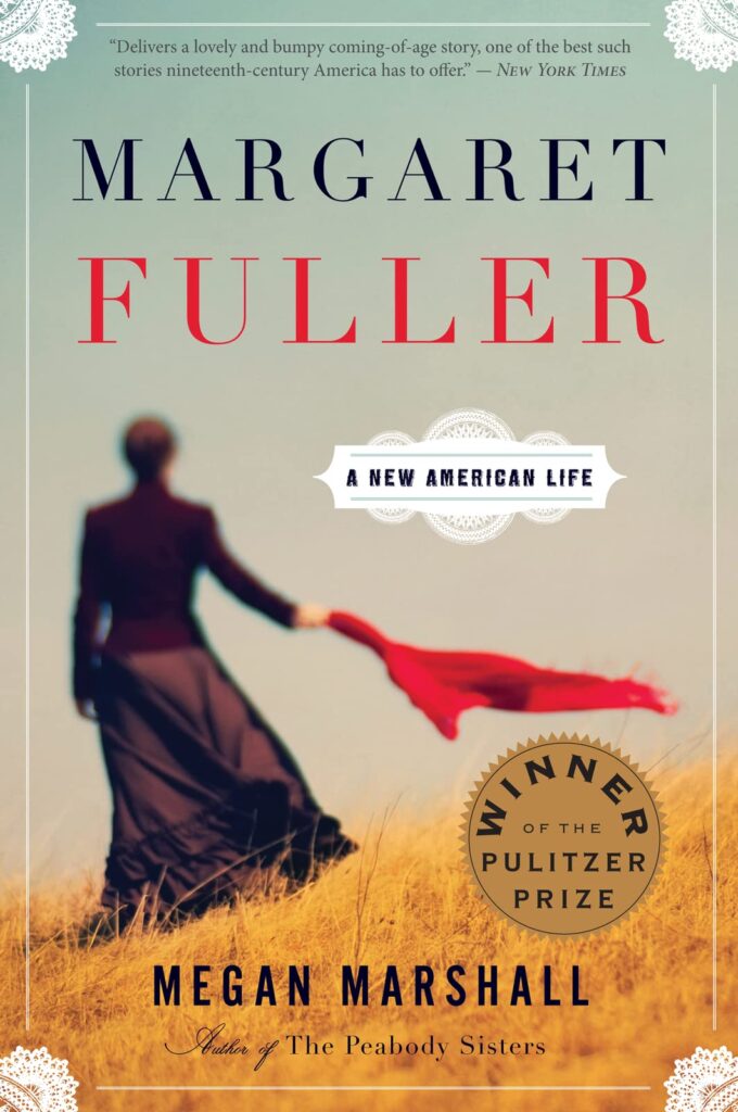 Margaret Fuller book cover. Woman in 19th century dress waving a red cloth over a field of yellow grass