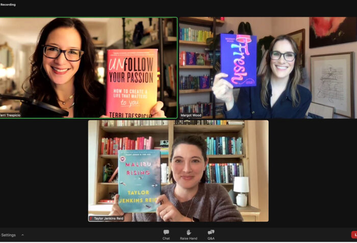 Zoom screen with Terri Trespicio, Margot Wood, and Taylor Jenkins Reid holding up copies of their books