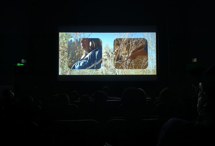 darkened theater with an image of a woman's torso and head and a woman's hands working a field projected onto a screen