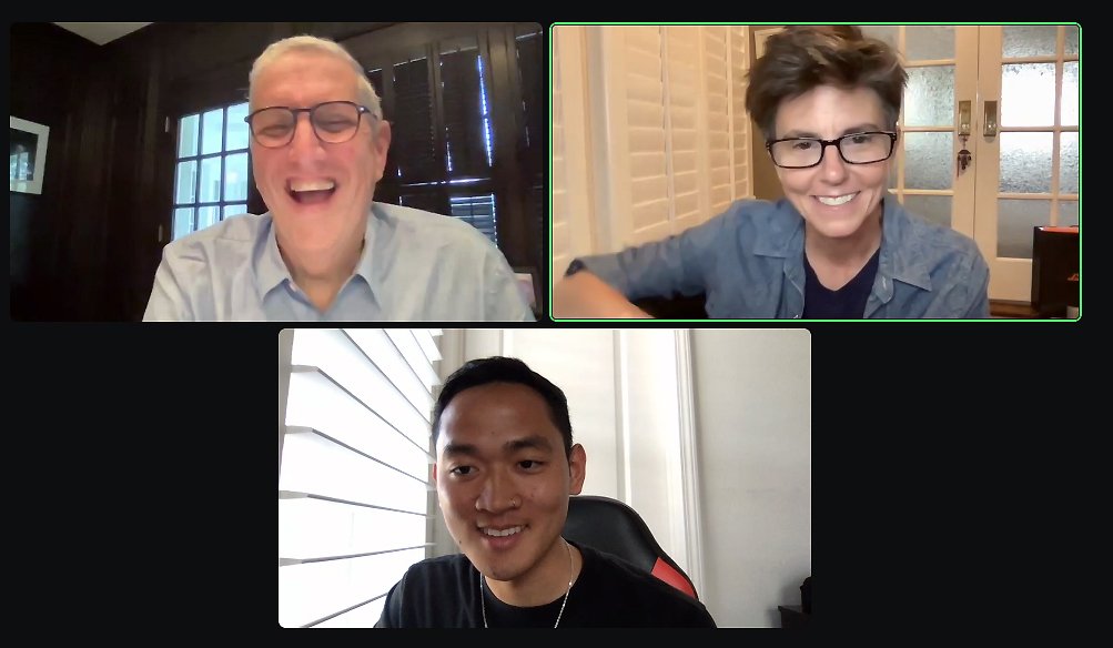 Zoom screen showing Doug Herzog, Tig Notaro, and Aldus Puyat