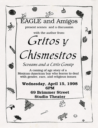poster advertising a 1998 performance of Gritos Y Chismesitos, co-sponsored by EAGLE and AMIGOS