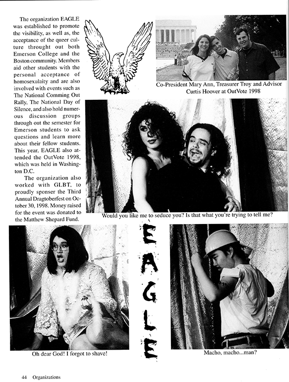 page featuring text and four photos of students in D.C. and students in drag