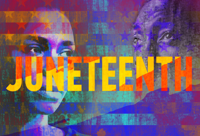 Faces of Black woman and man with word Juneteenth superimposed in block letters