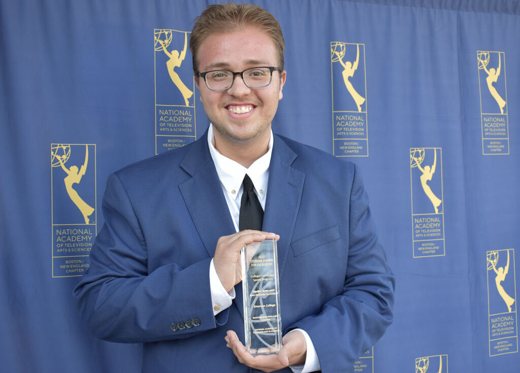 Sam DeCoste ’22 holds the National Student Production Award on behalf of the student-run sports talk show, The Box Score, which he hosts and co-produces. [Courtesy Photo]