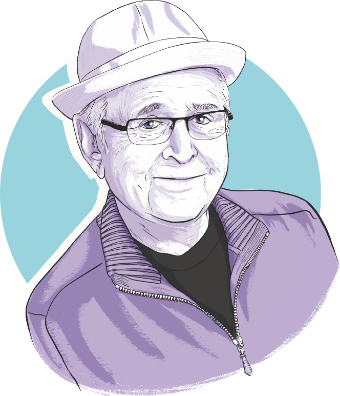 Illustration of Norman Lear in blue and purple