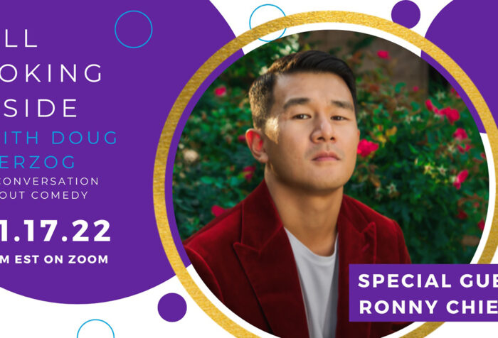 purple and white graphic with Ronny Chieng head shot and textual information