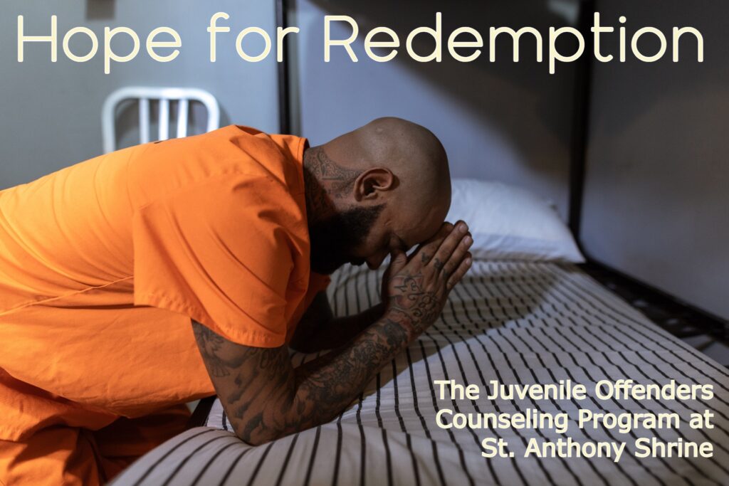 Student-produced campaign image -- depicting a male prisoner in an orange jumpsuit with his head down praying on a jail cell bed-- as fundraising material to support The juvenile Offenders Counseling Program at St. Anthony's Shrine.