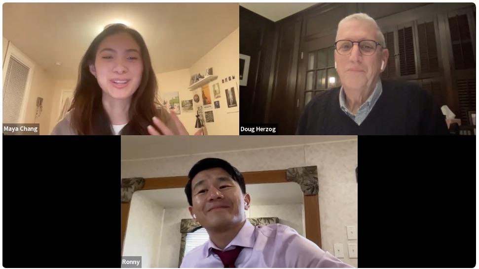 Ronny Chieng, Doug Herzog, and student Maya Chang speak on Zoom screen