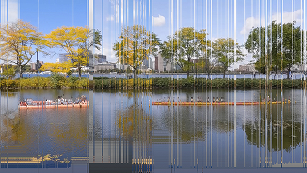 digitally distorted photo of rowers on Charles River, Cambridge in background