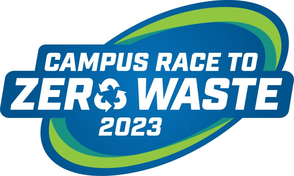 Logo reading "Campus Race to Zero Waste 2023: in green oval over blue background