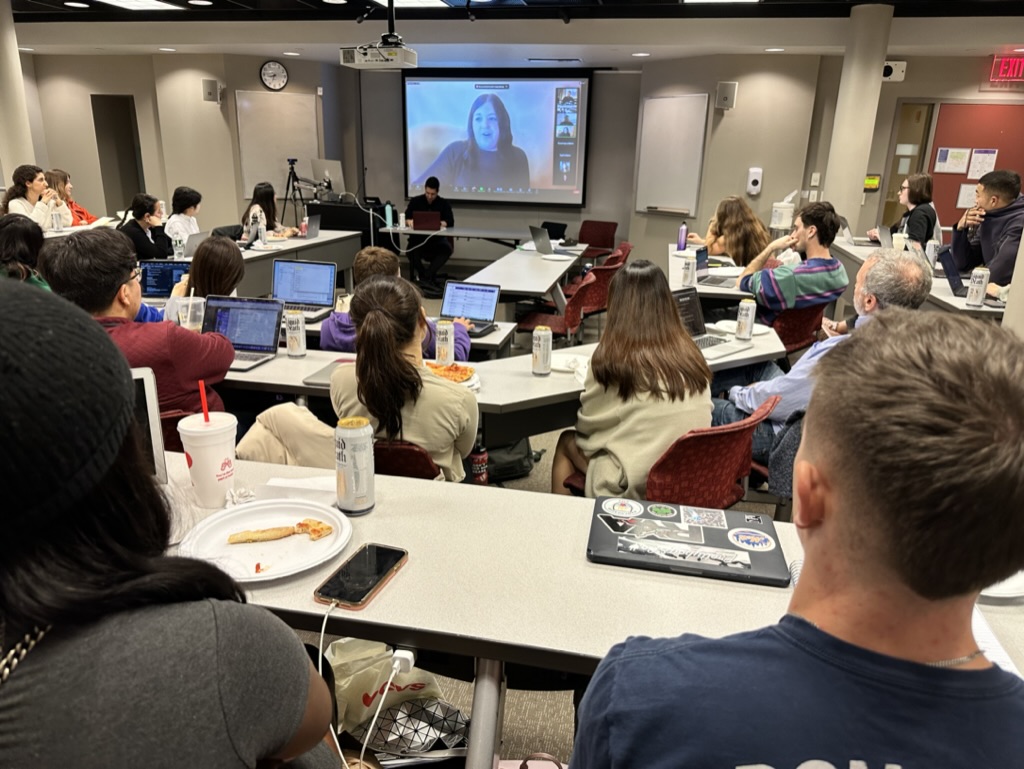 In an Emerson classroom last fall, graduate students in Professor Thomas Vogels class listen to several Strategic Marketing Communication (SMC) alumni over Zoom video calls as alumni share their journeys and advice with current students.