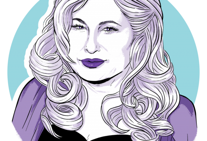 Illustration of blonde woman wearing a black shirt and purple sweater
