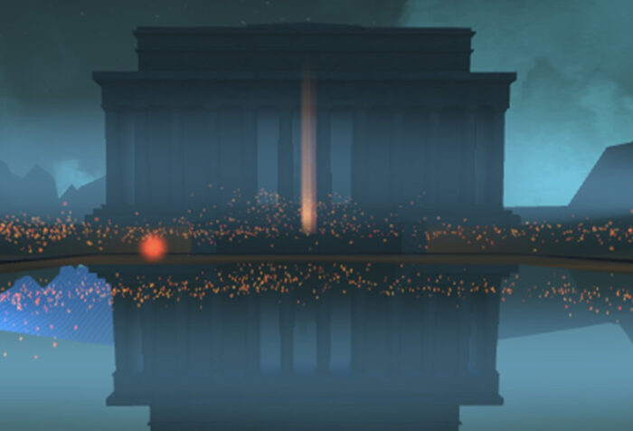 image of reflecting pool, Lincoln Memorial, surrounded by tiny lights