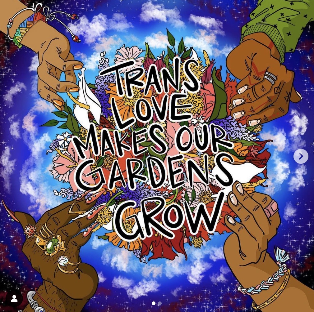 Artwork by trans artist Micah Bazant. Four hands with different skin tones and jewelry holding a gathering of flowers and plants against a blue background with clouds and stars, with text "Trans love makes our gardens grow." 