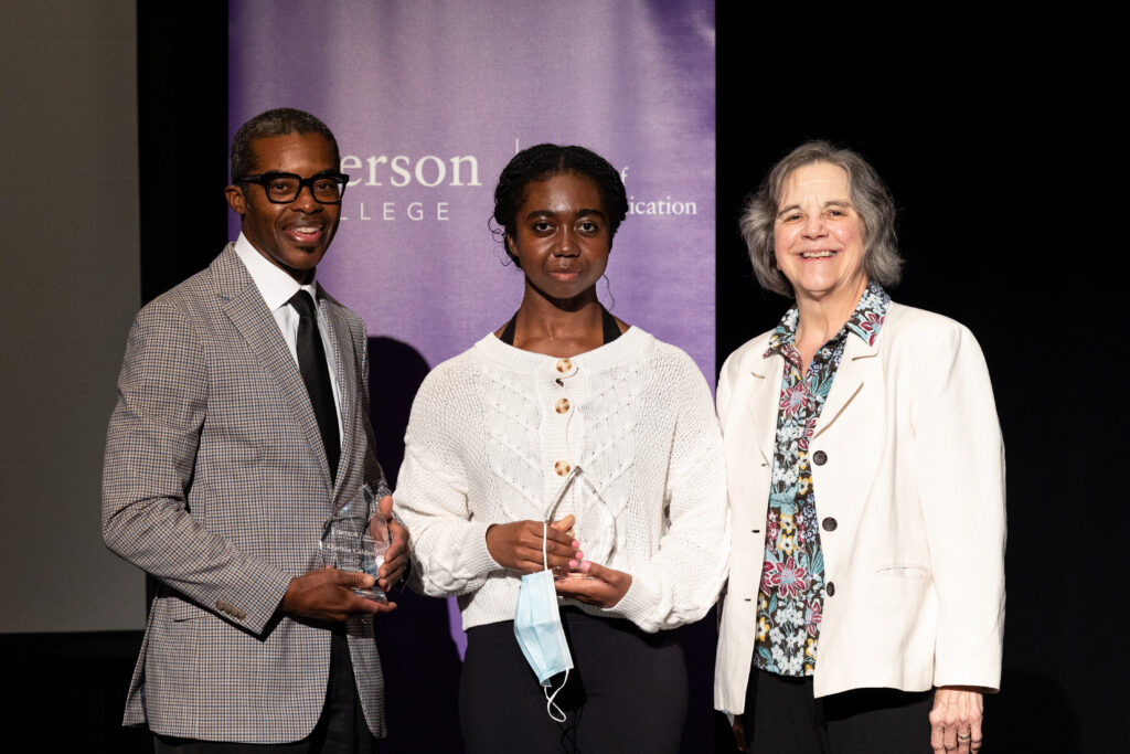 (Lest to Right) SOC Dean Brent Smith poses next to Sharon Boateng ’23 and Journalism department Chair Janet Kolodzy after Boateng received the SOC's Award for Leadership. 