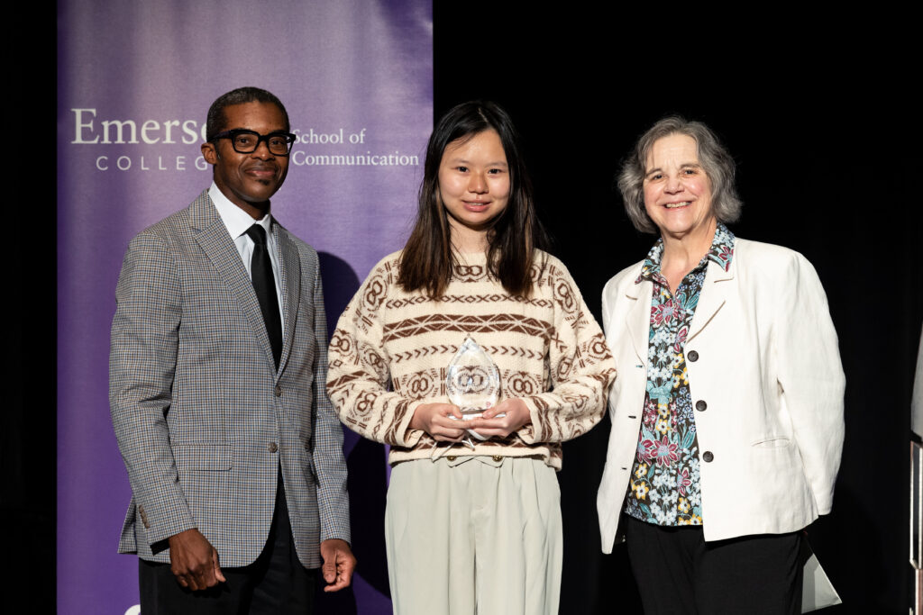 (Lest to Right) SOC Dean Brent Smith poses next to Ashlyn Wang  ’26 and Journalism department Chair Janet Kolodzy after Wang received the SOC's Award for Academic Excellence in Undergrad. 