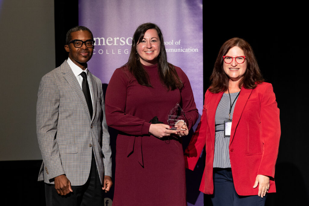(Lest to Right) SOC Dean Brent Smith poses next to Jennifer Markiewicz and Journalism department Nydia Bou, Professor and Chair of Communication Sciences and Disorders after Markiewicz received the SOC's Award for Academic Excellence in Graduate. 