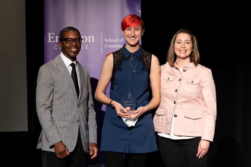 SOC Dean Brent Smith poses next to Cordelia Kelly ’23 and Brenna McCormick, Director, Business of Creative Enterprises (BCE), Graduate Program Director, Strategic Marketing Communication (SMC) Senior Executive-in-Residence after they received the Award for Most Valuable Peer in Undergrad. 