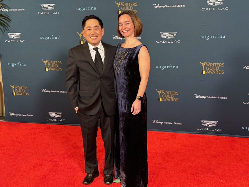 Ed Lee at the 2023 Writers Guild Awards red carpet with his partner Nina Moe
