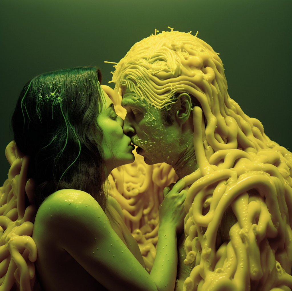 A man with tentacle-like things all over him, kisses a woman