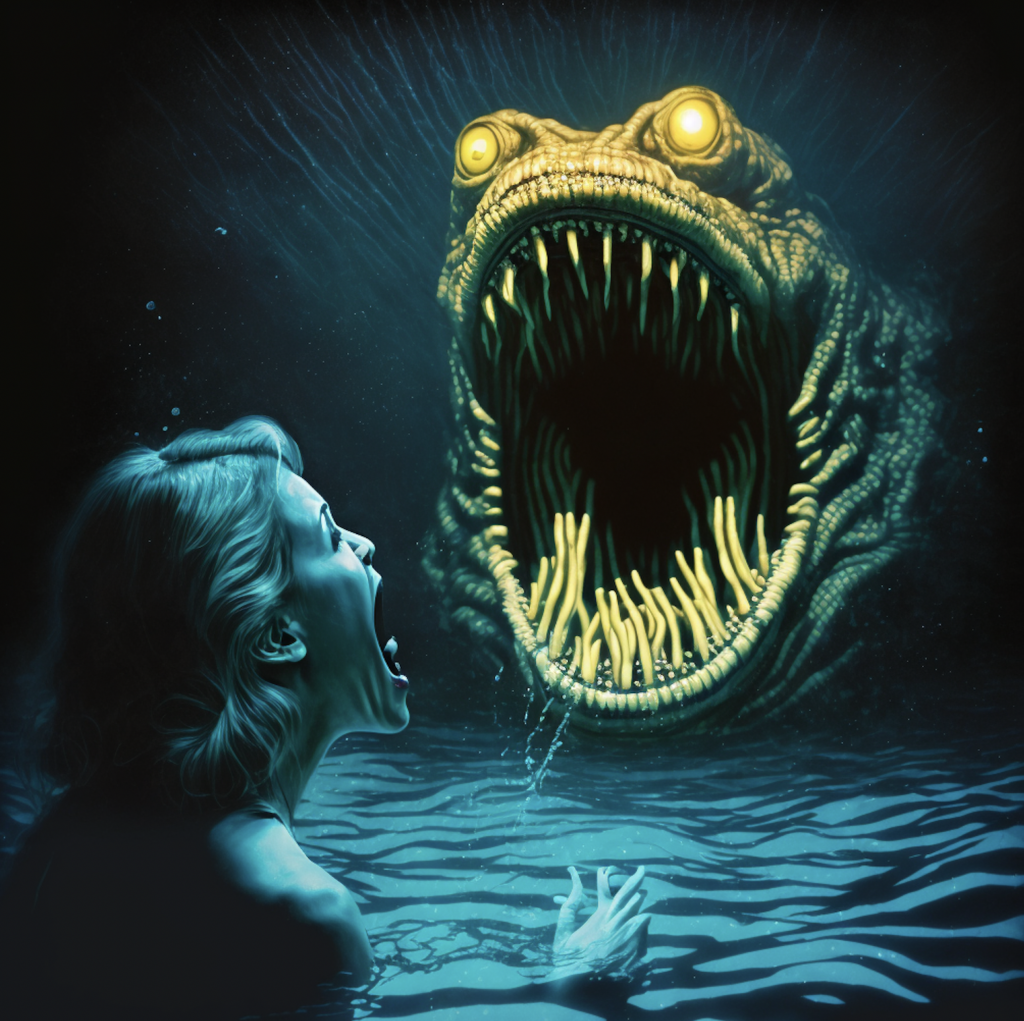 A woman screams while a giant creature with sharp teeth opens wide near her