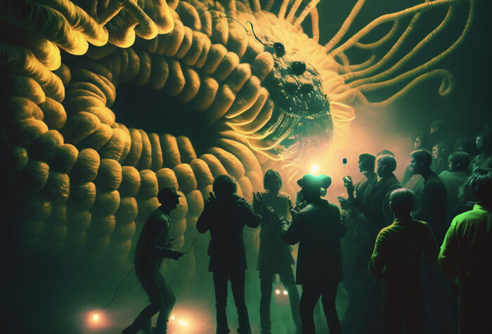 people in masks look up at giant insect-like monster