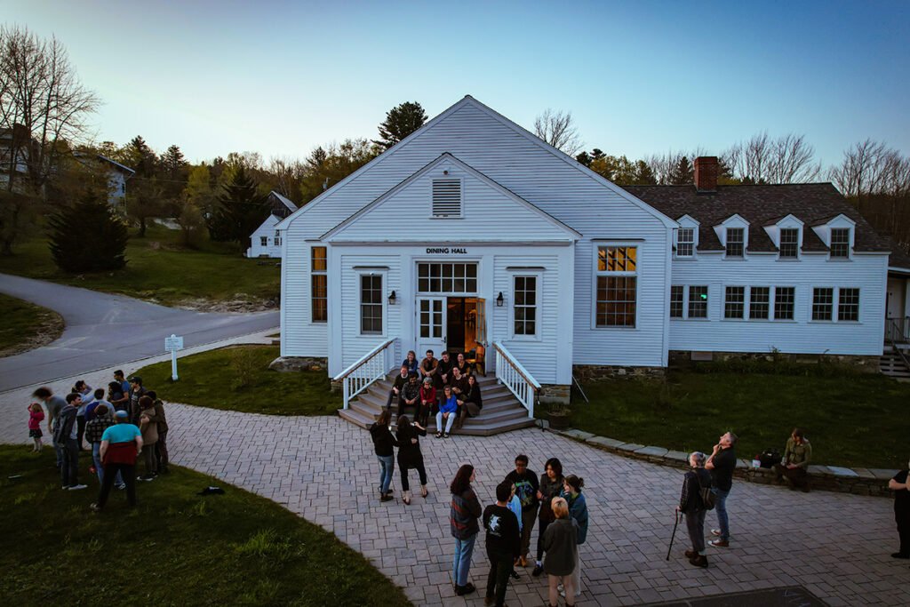 People leaving the dining hall