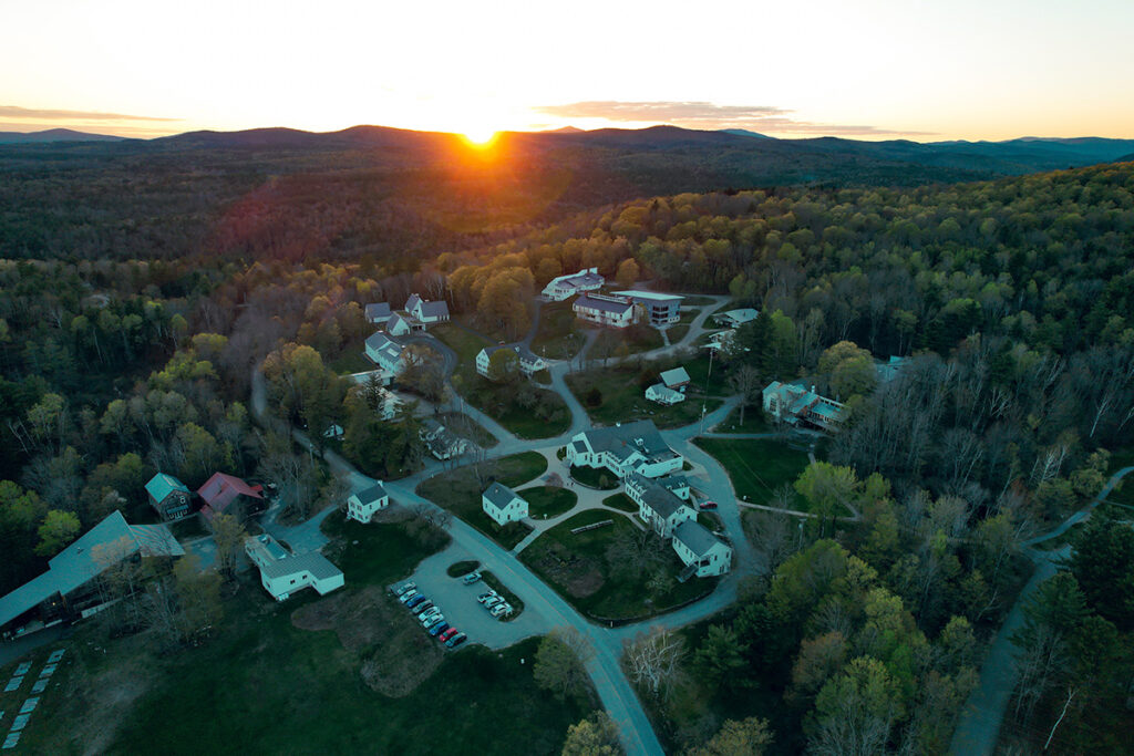 Aerial shot of the Potash Hill campus at sunset