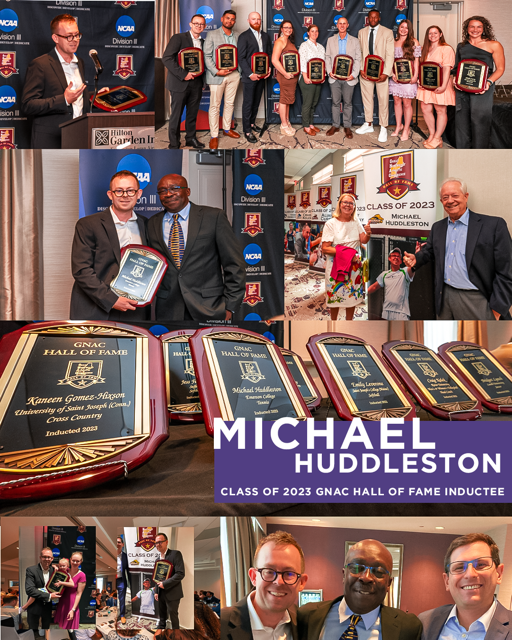Collage of Michael Huddleston being inducted into the GNAC Hall of Fame