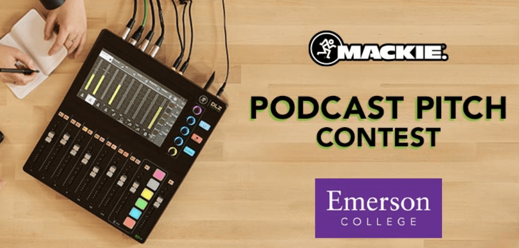 Graphic that says Mackie Podcast Pitch Contest with a travel podcast studio