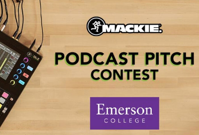 Graphic of podcast studio that says Mackie Podcast Pitch Contest and Emerson College