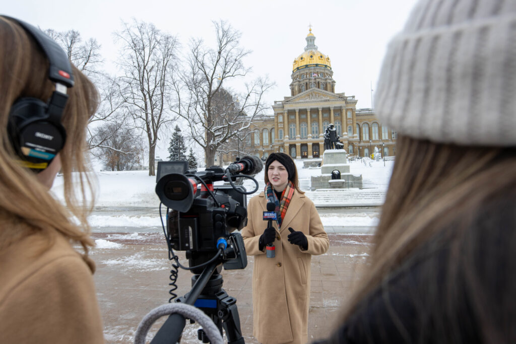 Molly Dougherty, Payton Cavanaugh, Sofia Mendes, report from outside the Iowa State House with snow on the ground