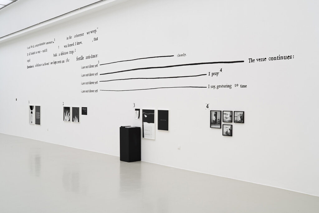 Black framed, black and white photos and sentence fragments in black type on a white wall